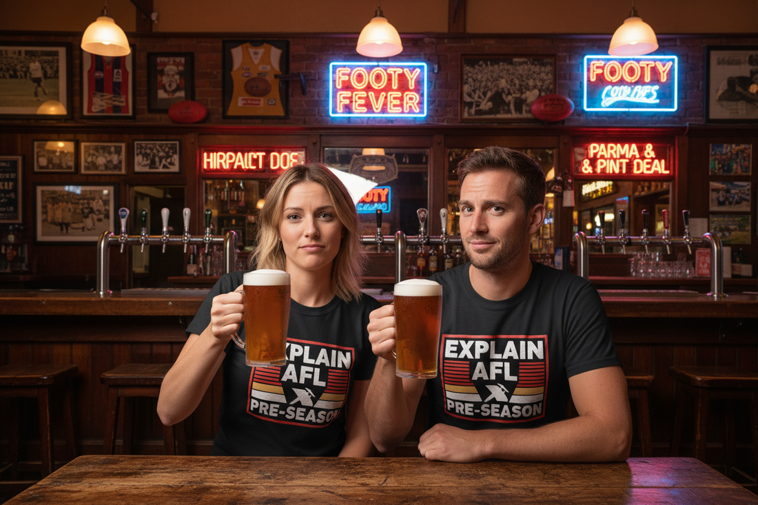 A man and a woman wearing AFL pre-season graphic tees in an Aussie pub