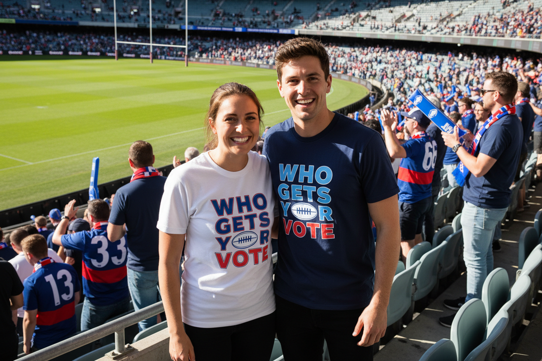 A woman and a man wearing AFL graphic tees in an Aussie football stand on Brownlow count night