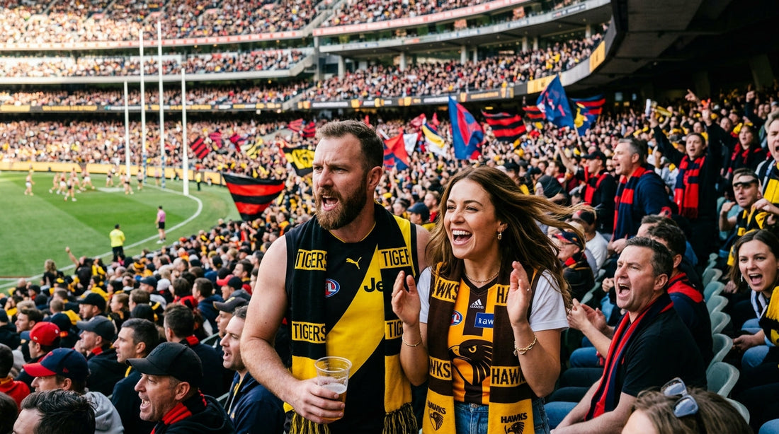 Australians in AFL graphic tees in a packed grandstand during AFL finals