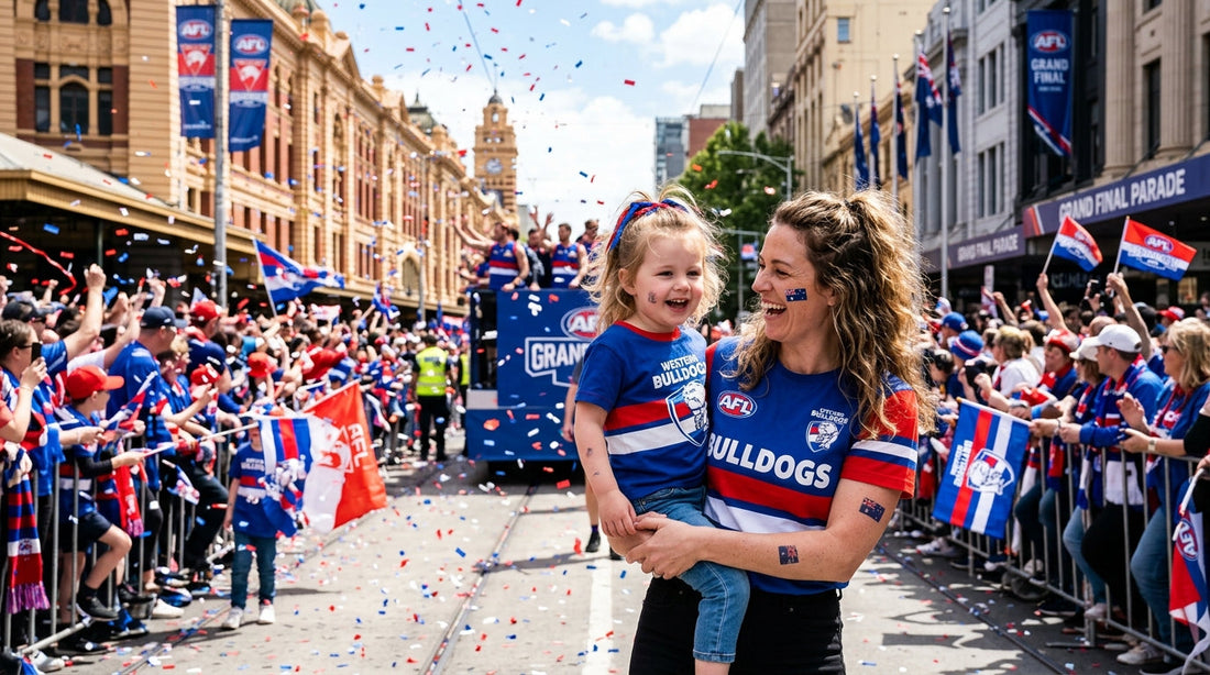 Australian woman and child in AFL graphic tees at the Melbourne Grand Final Parade
