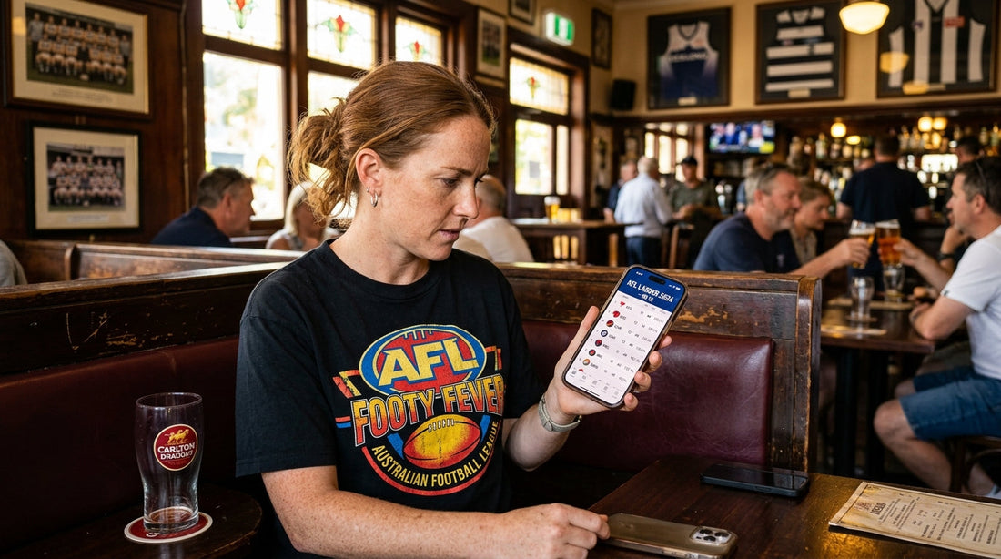 Australian woman in AFL graphic tee checking the AFL ladder on her phone in a pub