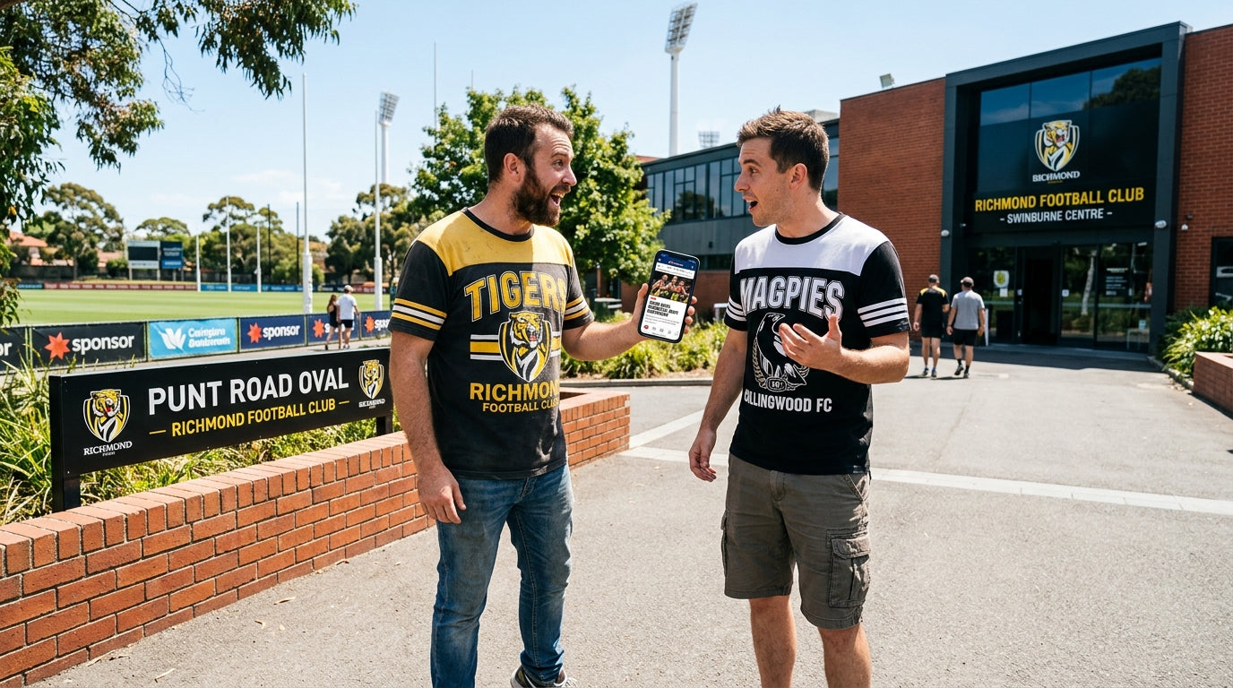Two Australian men in AFL graphic tees discussing AFL trade period news
