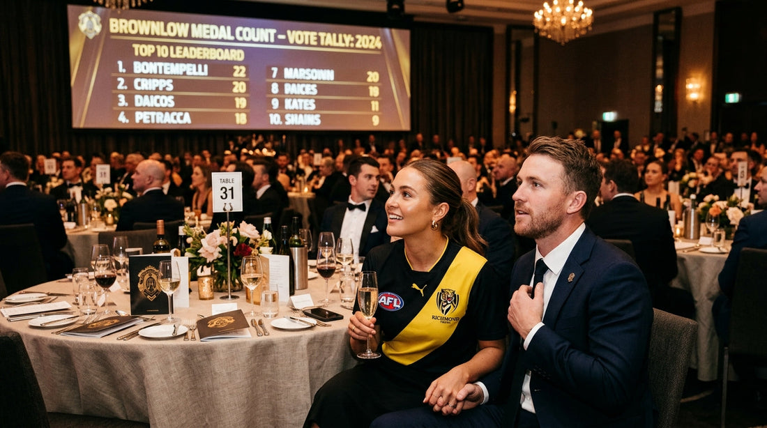 Australians in AFL graphic tees watching the Brownlow Medal count on Night of Nights
