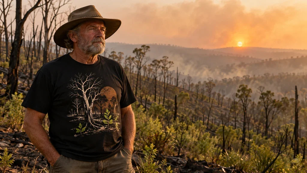 Burnt graphic tee against a backdrop of regenerating bushland