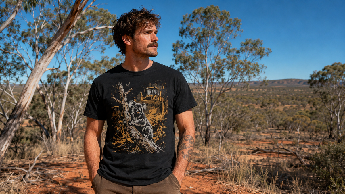Wildlife graphic tee worn in Australian bushland