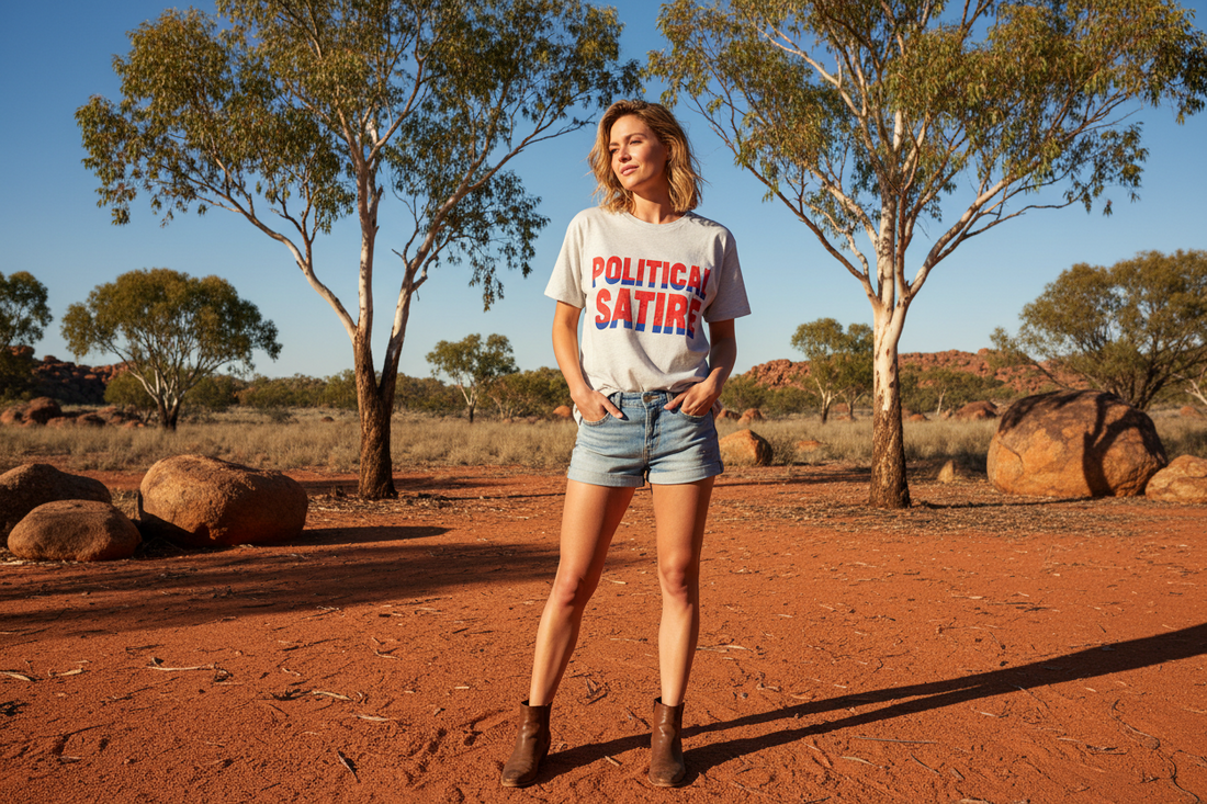 Woman wearing a political satire graphic tee in an Australian setting