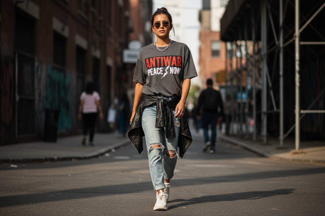 Woman wearing an antiwar graphic tee questioning conflict and militarism