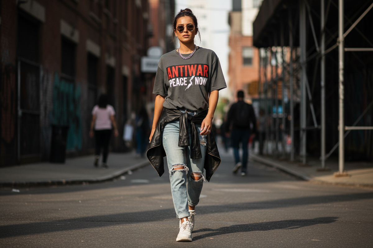 Woman wearing an antiwar graphic tee questioning conflict and militarism
