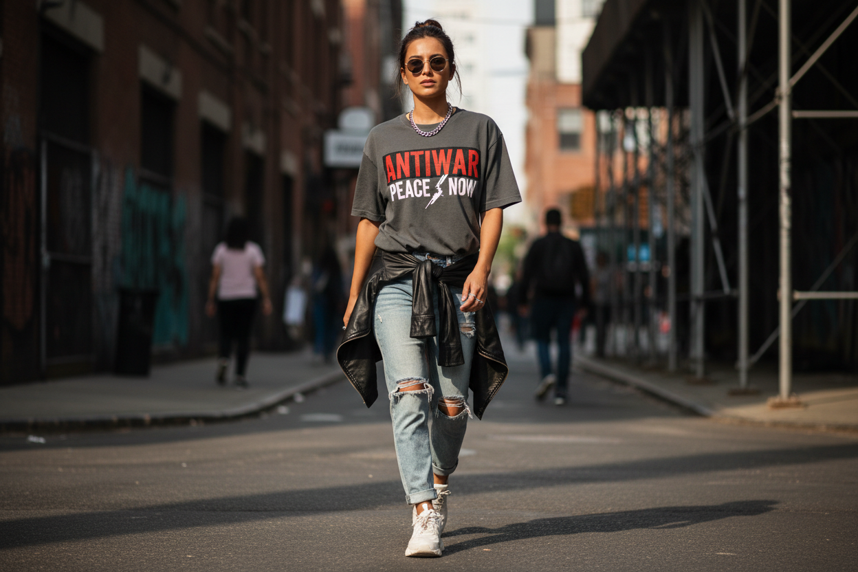 Woman wearing an antiwar graphic tee questioning conflict and militarism