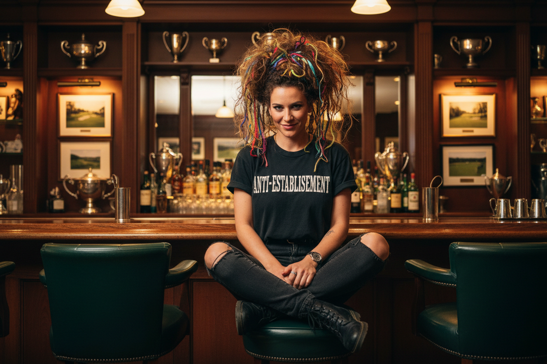 Woman with a bold hairstyle wearing an anti-establishment graphic tee in a golf club bar