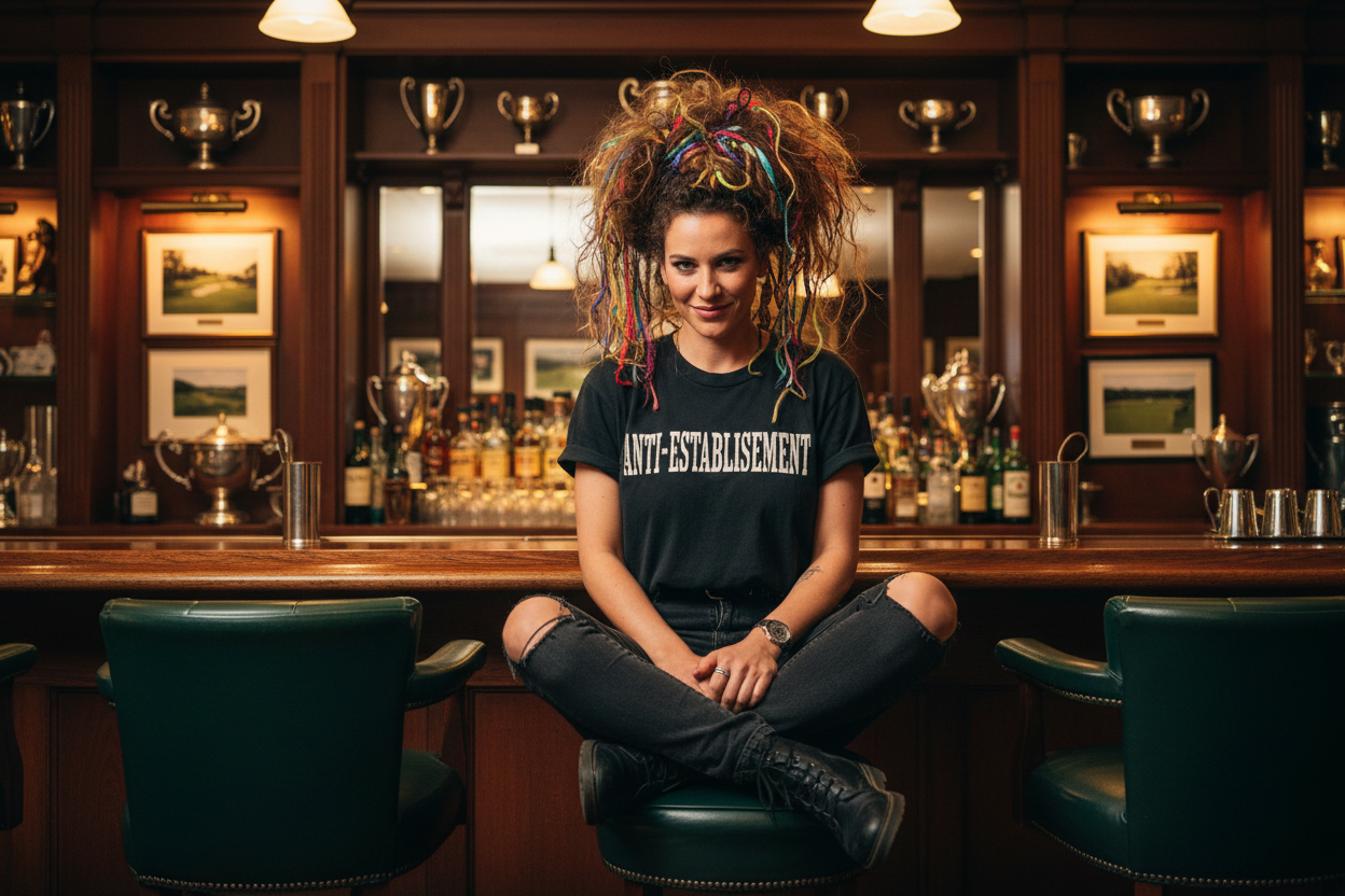Woman with a bold hairstyle wearing an anti-establishment graphic tee in a golf club bar