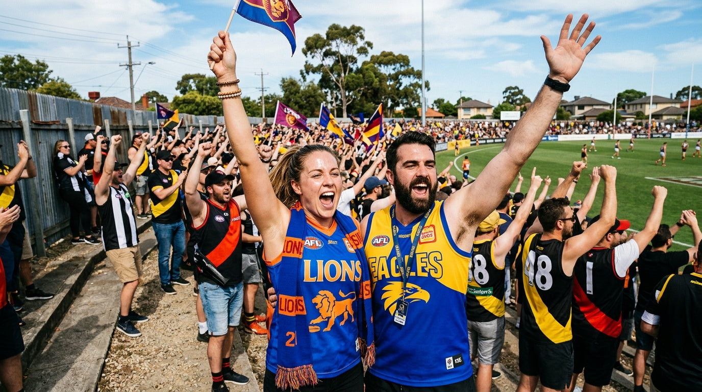 Australians in AFL graphic tees celebrating a spectacular mark at a suburban footy ground