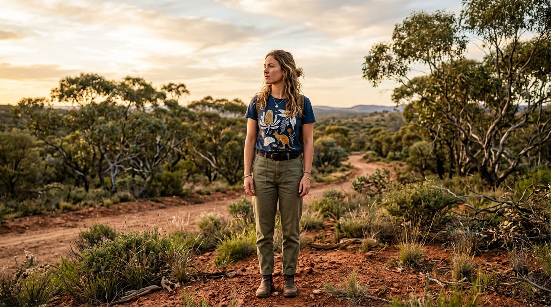 Australian woman in graphic tee standing in the Australian bush, reflecting on Marngrook