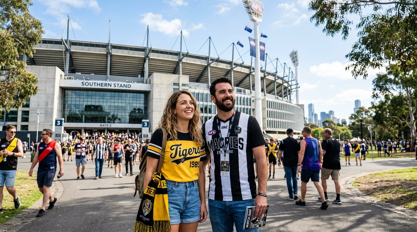 Australians in AFL graphic tees standing outside the MCG on Yarra Park