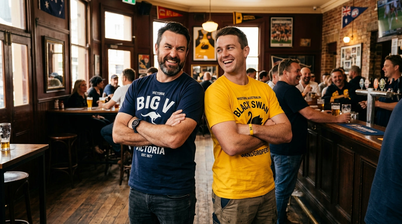 Two Australian men in AFL graphic tees in a pub, backing different states for State of Origin