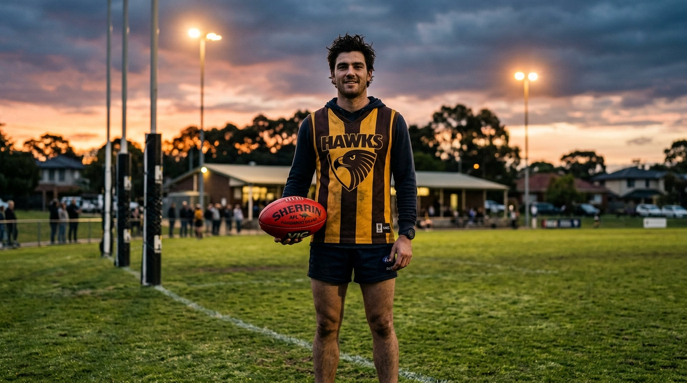 Australian man in AFL graphic tee holding a Sherrin football at a suburban oval at dusk