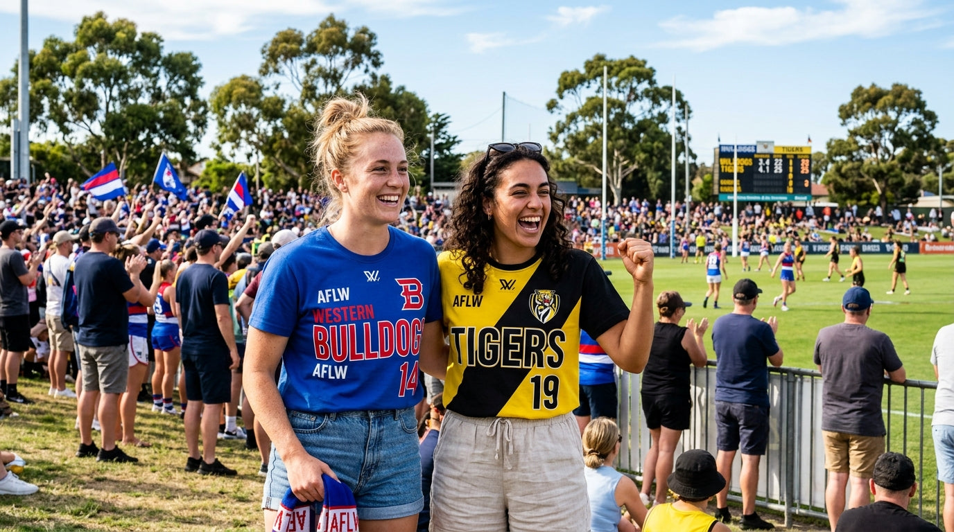 Two young Australian women in AFLW graphic tees at a suburban oval on AFLW match day