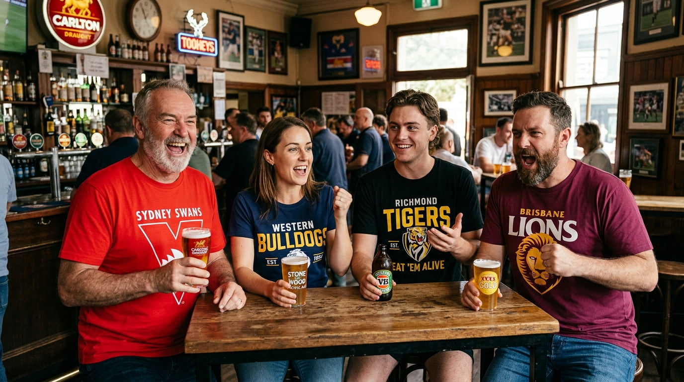 Four Australians in different graphic tees in a pub, showing good-natured AFL club rivalry