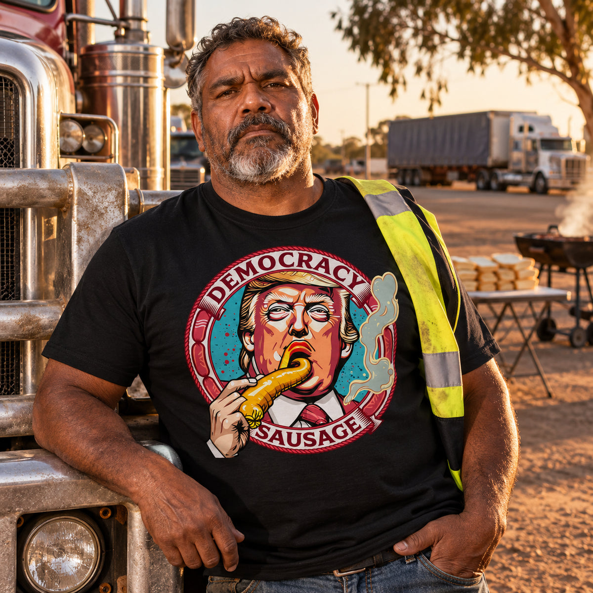 DEMOCRACY SAUSAGE Convict Shirts Design 015 black tee truck-driver custom product image