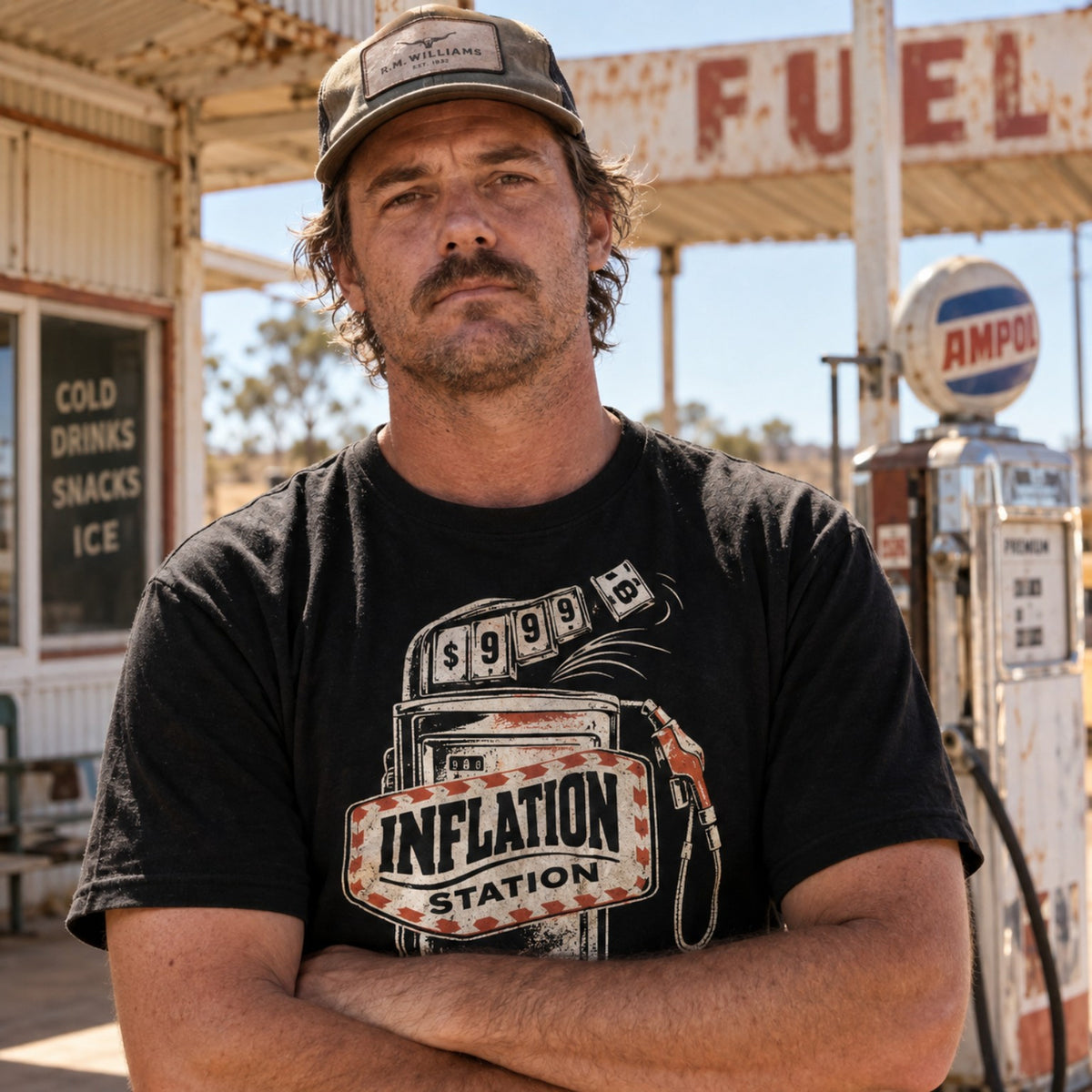 INFLATION STATION Design 016 custom product image, man wearing black tee at a vintage Australian service station