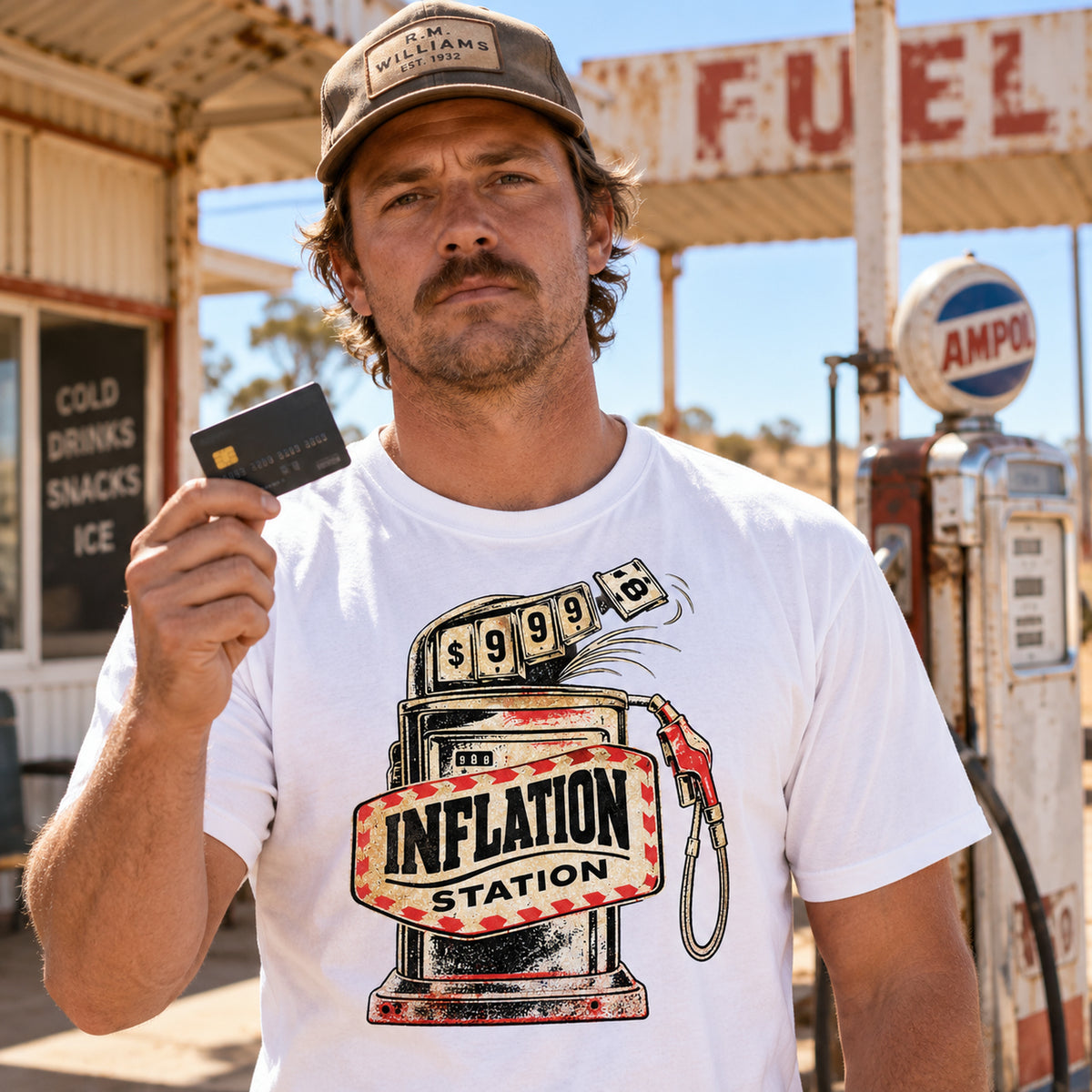 INFLATION STATION Design 016 custom product image, man wearing white tee and holding a credit card at a vintage Australian service station