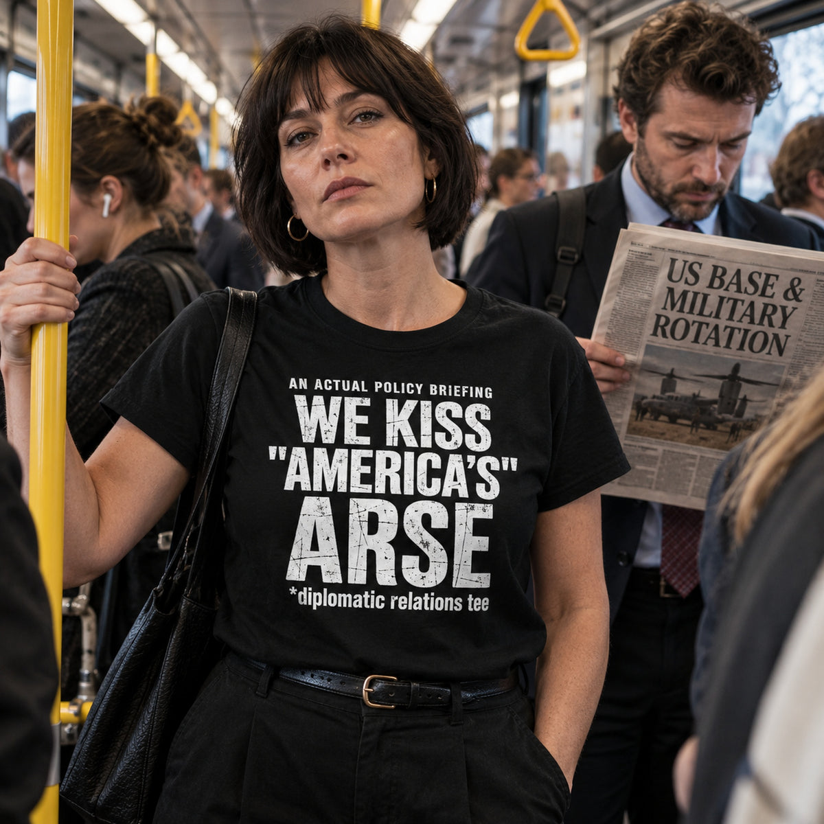 KISS ARSE black tee — female commuter lifestyle custom product image, 2048 × 2048