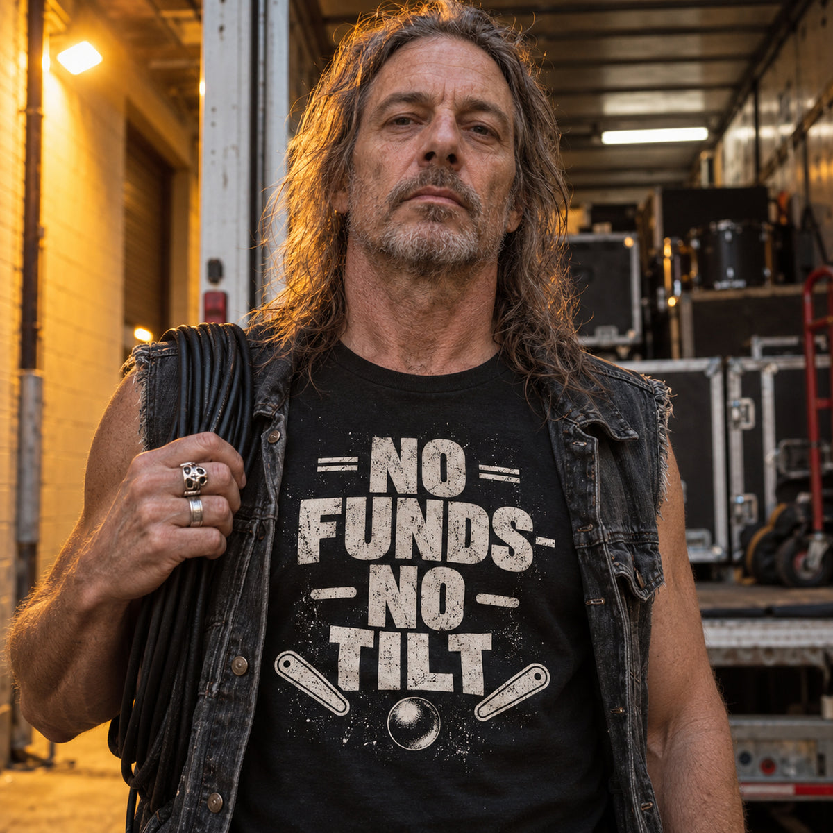 NO FUNDS NO TILT graphic tee on a rock musician at a Brisbane loading dock