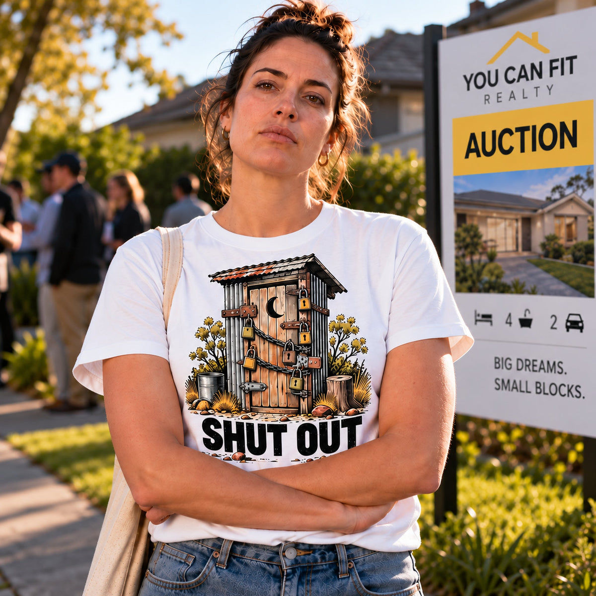 SHUT OUT graphic tee in white worn at a suburban auction beside the fictional YOU CAN FIT REALTY sign