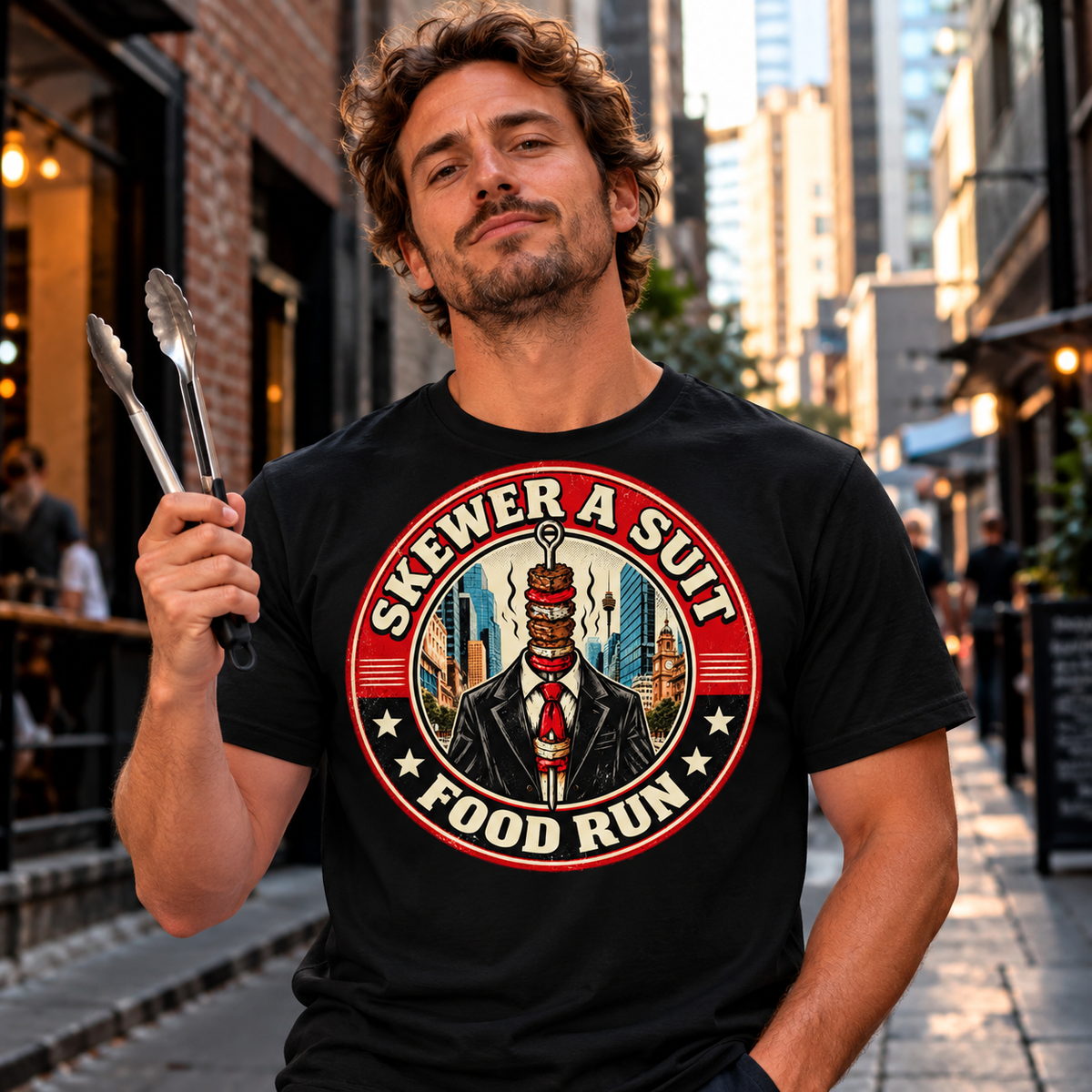 SKEWER A SUIT black graphic tee custom product image, worn by a man holding barbecue tongs in an urban laneway.