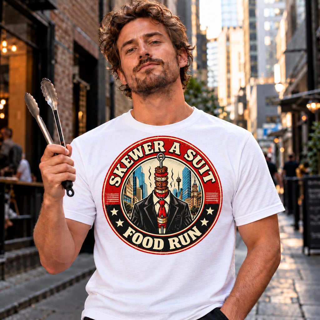 SKEWER A SUIT Cost of Living graphic tee, worn by a man holding barbecue tongs in a city laneway.