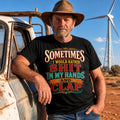 SOMETIMES graphic tee custom product image — cowboy in a black tee beside a weathered ute in the Australian outback, Design CS-014