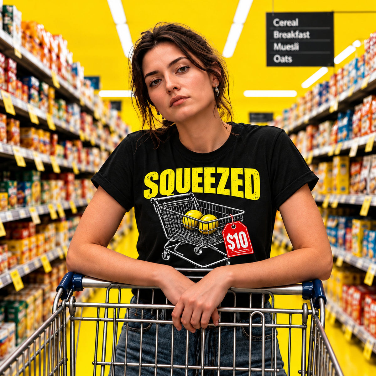 SQUEEZED — Convict Shirts custom product image, yellow slogan with shopping trolley, lemons and $10 tag