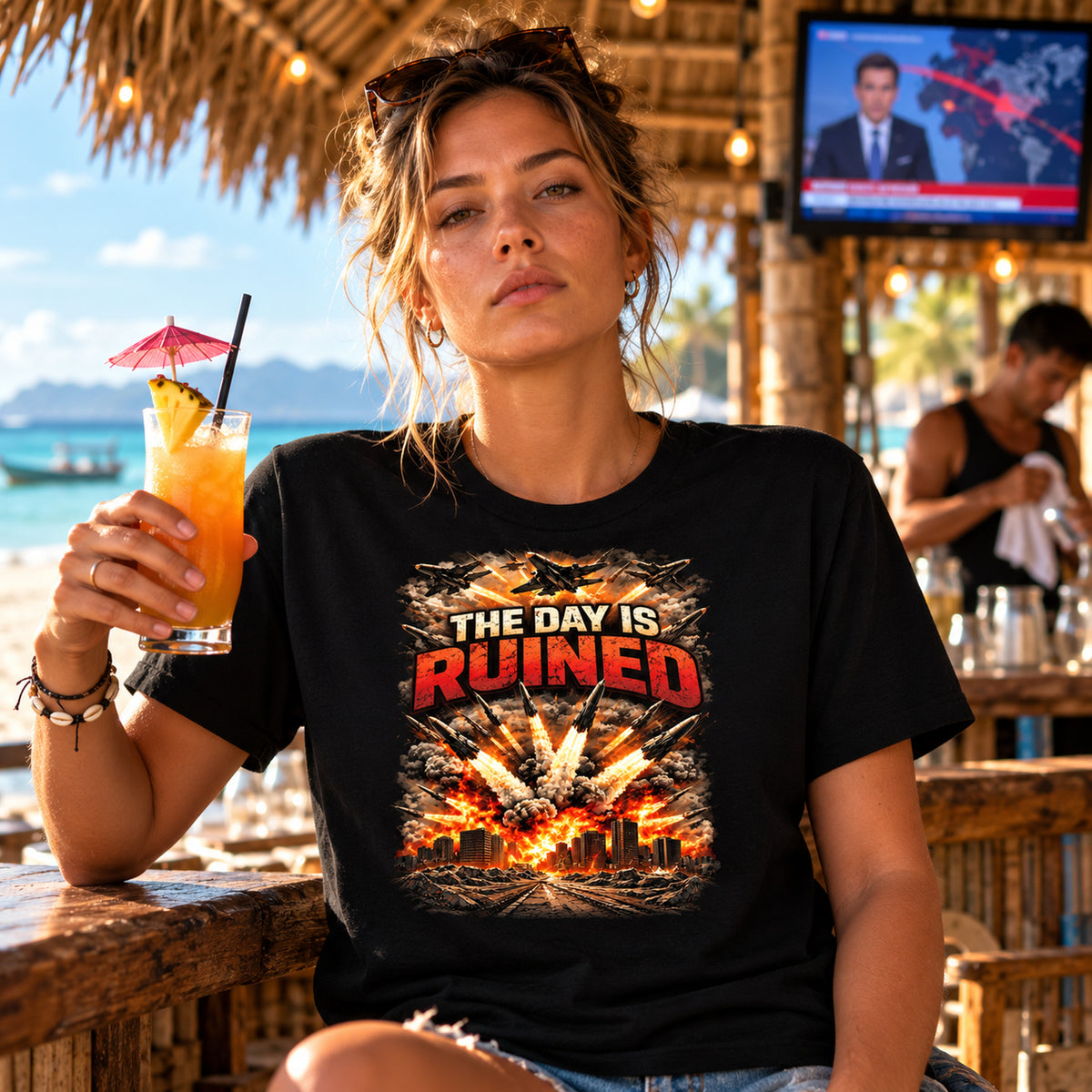 THE DAY IS RUINED — reduced-size chest graphic on a black tee in a tropical beach-bar custom product image